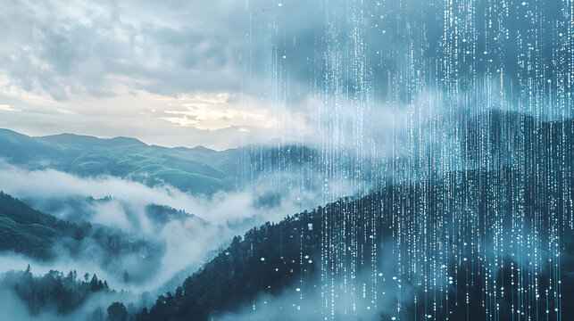 Digital Nature: A breathtaking fusion of nature and technology. Misty mountain ranges in the background and binary code overlay in the front. - Powered by Adobe