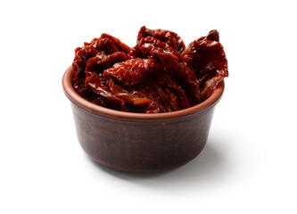 Delicious sun dried tomatoes in bowl isolated on white