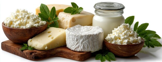 Colorful arrangement of dairy products featuring cheese, cottage cheese, and butter in a clean, high-quality presentation on a white background