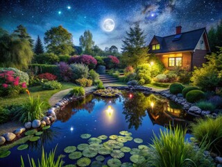 Fototapeta premium Night Garden Pond House Photography - Serene Moonlight Landscape Images