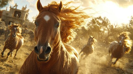 A herd of horses galloping in the golden light