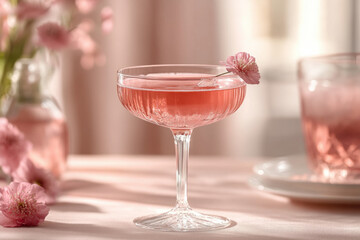 Pink cocktail adorned with a flower.