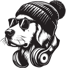 Cool Dog with Headphones, Sunglasses, and Beanie - Black and White Hipster Animal Illustration