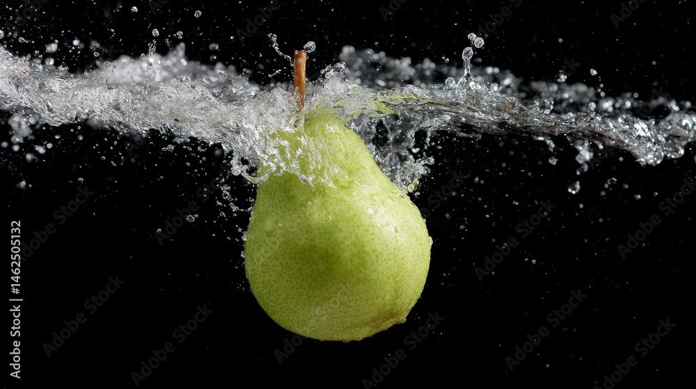 Poster A green pear is captured mid-splash, creating dynamic water trails and motion blur against a dark backdrop, with ample empty space on the right