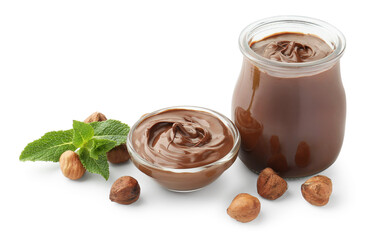 Tasty chocolate spread, hazelnuts and mint isolated on white