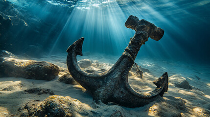Sunlit underwater anchor resting on sandy seabed