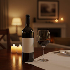 wine bottle and glass mockup on elegant dining table
