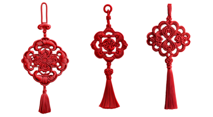 Red Chinese decorative knot with intricate patterns, tassel detail isolated on white transparent background. Concept of culture and traditional Chinese Lunar New Year decoration