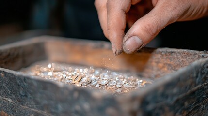 Adventurer's Hand Meticulously Brushing Fine Gemstones in a Wooden Box