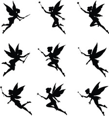 Flying Fairy Silhouette Bundle. Magical Wand Clipart Set for Crafts & Designs.