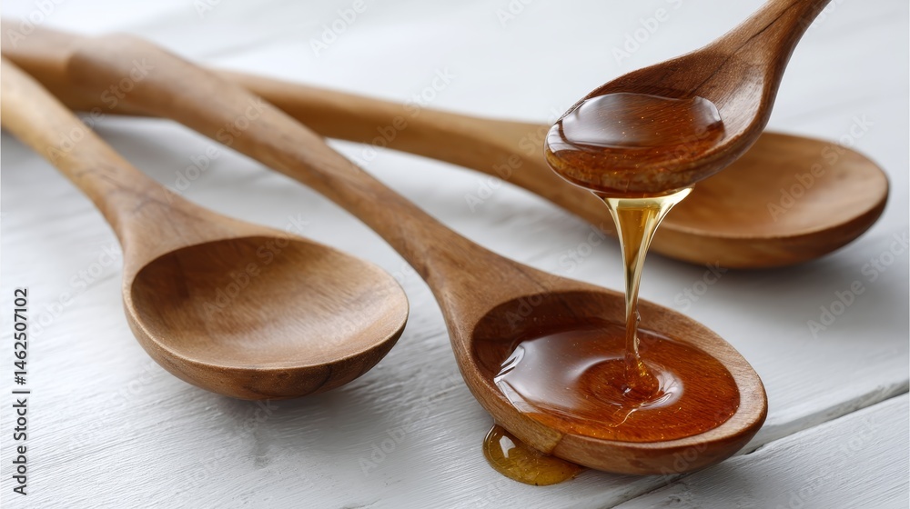 Poster Three wooden spoons are elegantly arranged on a white surface, with golden maple syrup smoothly drizzling from one spoon, adding a touch of rustic charm