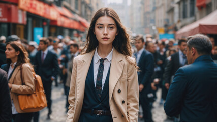 Portrait of a Stylish Woman Standing Outdoors in a Bustling Urban Scene