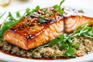 Salmon with quigra and quiya garnish.