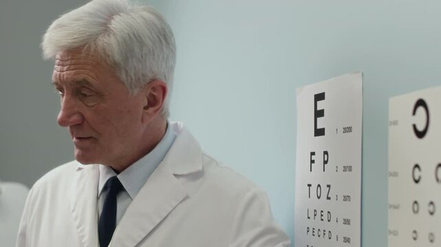 Push in shot on mature male eye specialist with grey hair pointing at chart with Landolt rings examining patients eyesight during visual acuity test in modern clinic