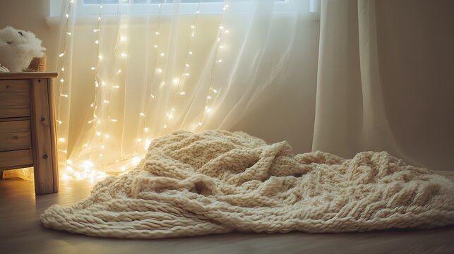Cozy Knit Blanket near Window with Fairy Lights - Powered by Adobe