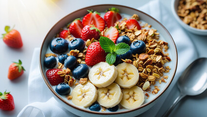 Fototapeta premium Healthy breakfast bowl with fresh fruits and granola top view food photography