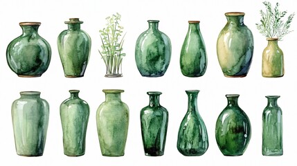 Elegant Watercolor Illustration Set of Color Green Vases for Interior Design Inspiration