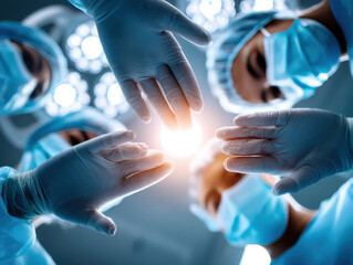 Four serious adults, mixed gender and ethnicity, focus on surgical procedure in operating room. Their hands together in a circle symbolize teamwork and collaboration during critical moment.