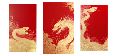 Red envelope with golden dragon and intricate details coiled among clouds on red background, symbolizing power and prosperity of Chinese New Year