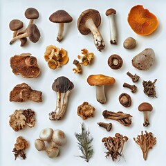 Various mushrooms displayed on a white background, showcasing different shapes and colors.
