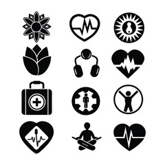 Health Silhouette Vector Icon Set – Minimal Medical & Wellness Icons for Digital & Print Projects, health vector icons, medical silhouette icons, wellness icon set.