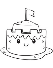 Smiling Sandcastle Kawaii Summer Line Art Coloring Page
