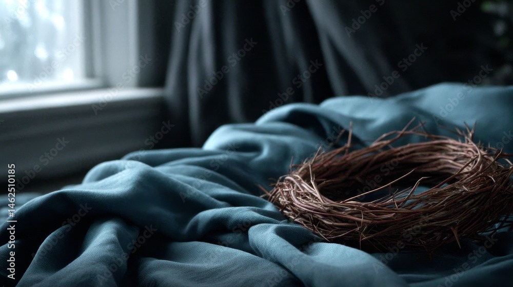 Poster A woven crown of thorns rests on dark fabric, illuminated by soft light from a nearby window, creating a poignant and reflective atmosphere