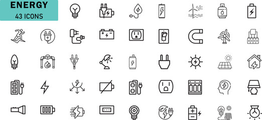 Renewable and Electric Energy Icons. Vector Line Style Symbols
