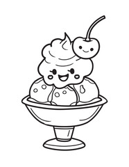 Cute Sundae Ice Cream Kawaii Line Art Illustration