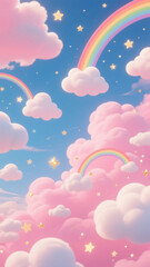 An idyllic pastel sky filled with soft, puffy clouds, shimmering stars, and radiant rainbows creates a dreamlike scene, capturing a sense of magic and serenity.