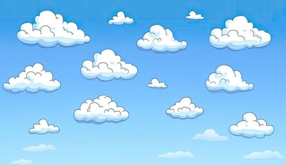 Cartoon clouds scattered across a vibrant blue sky.  Fluffy, varied shapes of white clouds against a light-blue gradient background