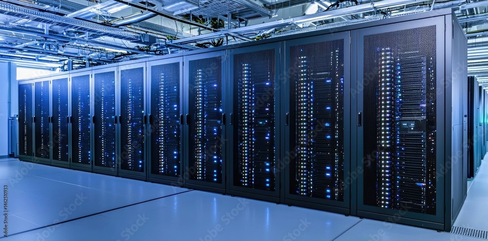 Poster Row of high-performance server racks in a brightly lit modern data center with glowing indicator lights, ideal for cloud storage, IT infrastructure, or cybersecurity concepts