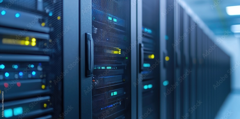 Poster Close-up view of data servers in a high-tech server room, showcasing colorful LED indicators and metallic mesh panels, perfect for illustrating digital infrastructure or IT systems