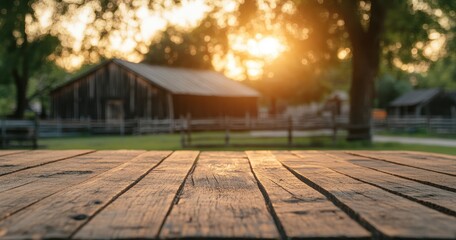 Rustic wooden table outdoors at sunset, with out-of-focus farm buildings.  Sunbeams illuminate the scene