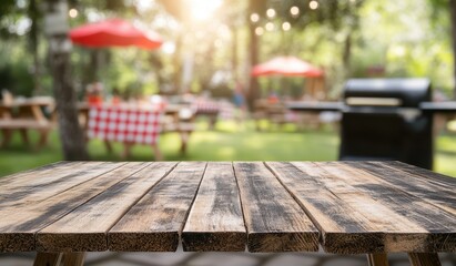 Rustic wooden table outdoors, blurred background of picnic area with red checkered tablecloths, umbrellas, and grill