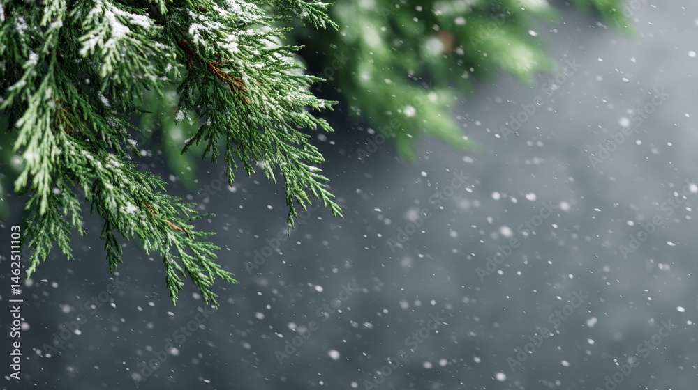 Poster fir branches draped in gentle lights cascade soft illumination as snowflakes delicately descend, cra