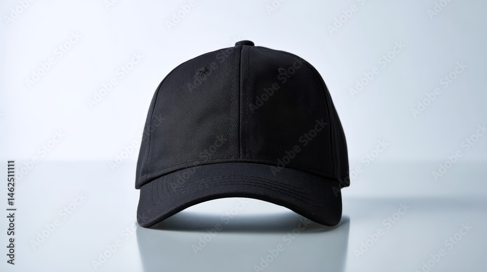 Poster a black baseball cap is prominently displayed on a smooth table surface, with a pure white backgroun