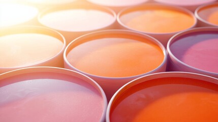 Rows of Large Fermentation Pots in Vibrant Shades of Orange and Pink Under Soft Sunlight