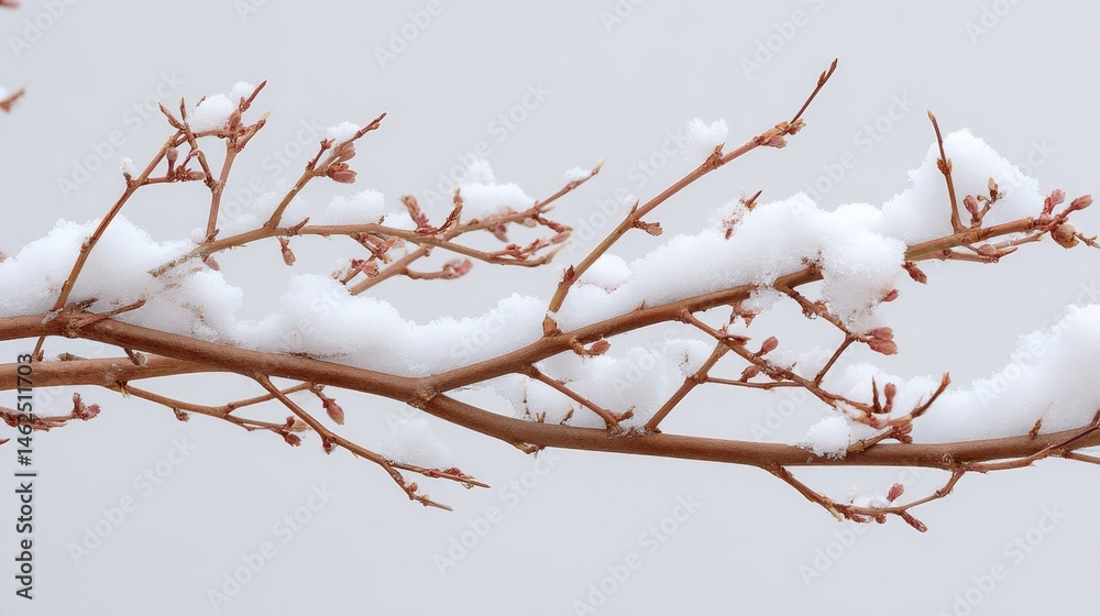 Aufkleber Delicate tree branches are adorned with fresh snow, set against a bright white background, creating a serene winter atmosphere with ample copy space