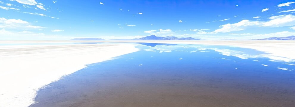 Serene salt lake mirroring a vibrant sky.  Crystal clear water reflecting the clouds and mountains in a vast white salt flat