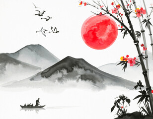 Chinese ink wash painting of a mountain landscape