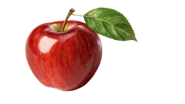 Digital Painting of Red Apple with Leaf, Isolated on Transparent Background, Fruit Illustration, Food Graphic, Apple, Fruit, Illustration - Powered by Adobe