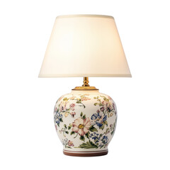 Elegant table lamp with a cream floral ceramic base and warm fabric lampshade, perfect for cozy home decor, vintage interiors, or product presentation scenes.