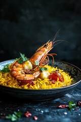 Saffron rice with grilled prawns, cherry tomatoes, and fresh herbs