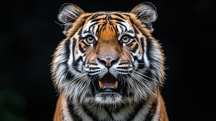 Fototapeta premium Close-up of a tiger's face. Intense gaze, open mouth, showcasing sharp teeth. Striking orange and black markings