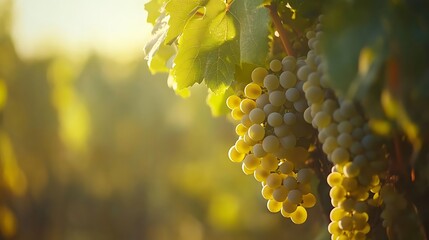 Sauvignon Blanc grapes clustered on a vine in soft sunlight with lush green leaves in focus and a blurred vineyard background creating ample copy space .