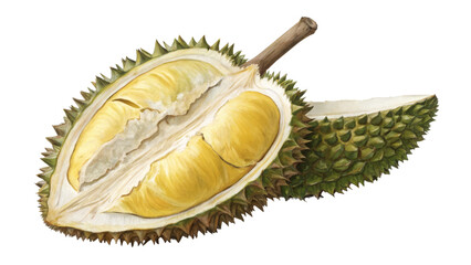 Fototapeta premium Hand-painted Durian Illustration Open and Closed, Isolated on Transparent Background, Tropical Fruit, Watercolor, Durian, Fruit, Illustration