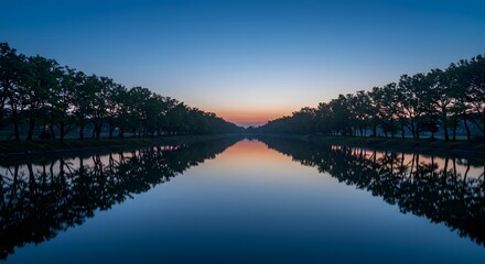 Fototapeta premium River at Sunrise with Tree Lined Banks Reflection