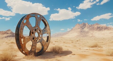 Arid environment with a surreal atmosphere, incorporating a melting film reel and fire