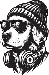 Cool Dog with Headphones, Sunglasses, and Beanie - Black and White Hipster Animal Illustration